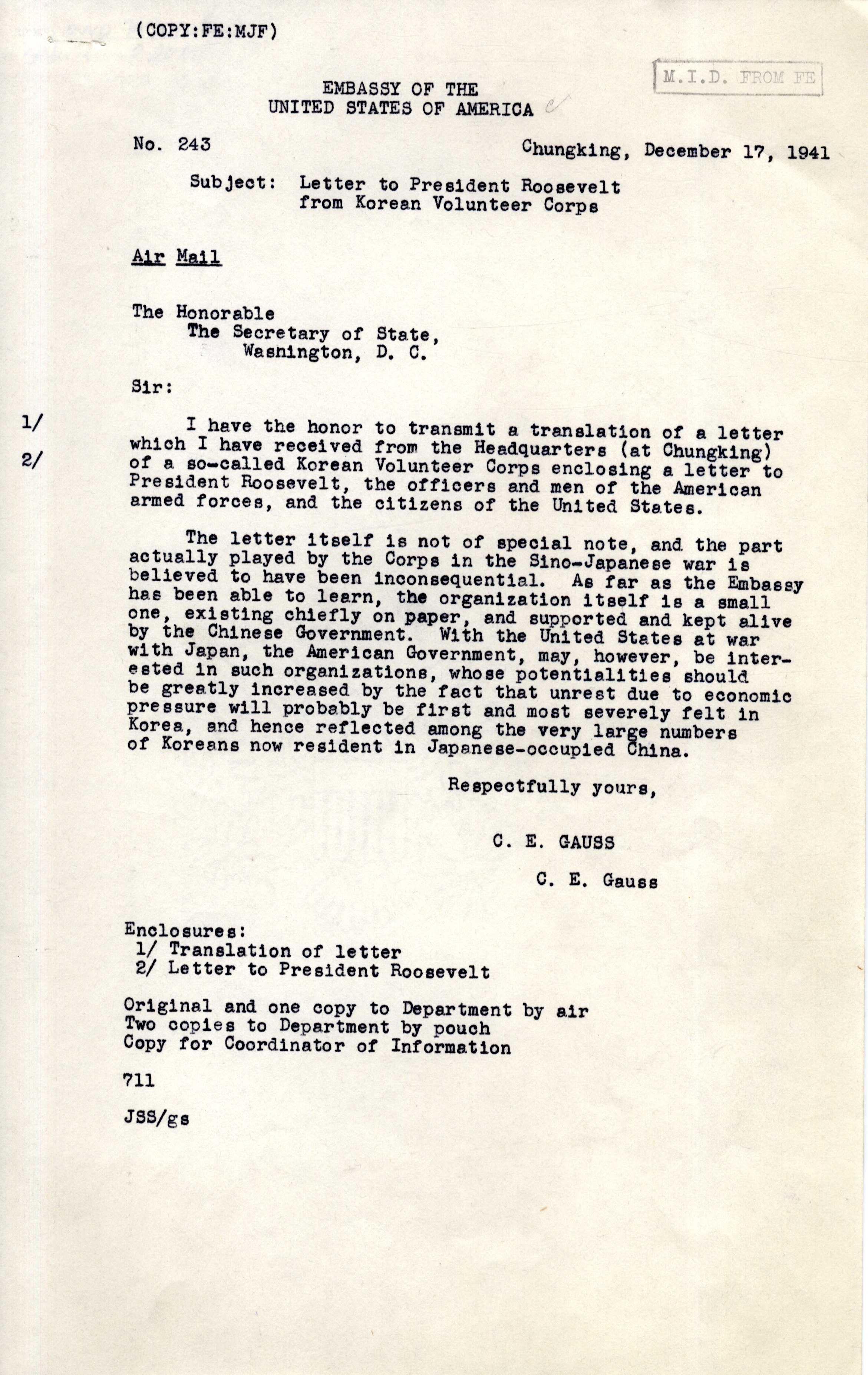 17일 주중 대사 고스가 미 국무장관에게 보낸 보고, 조선의용대가 루즈벨트 대통령에게 보낸 서한