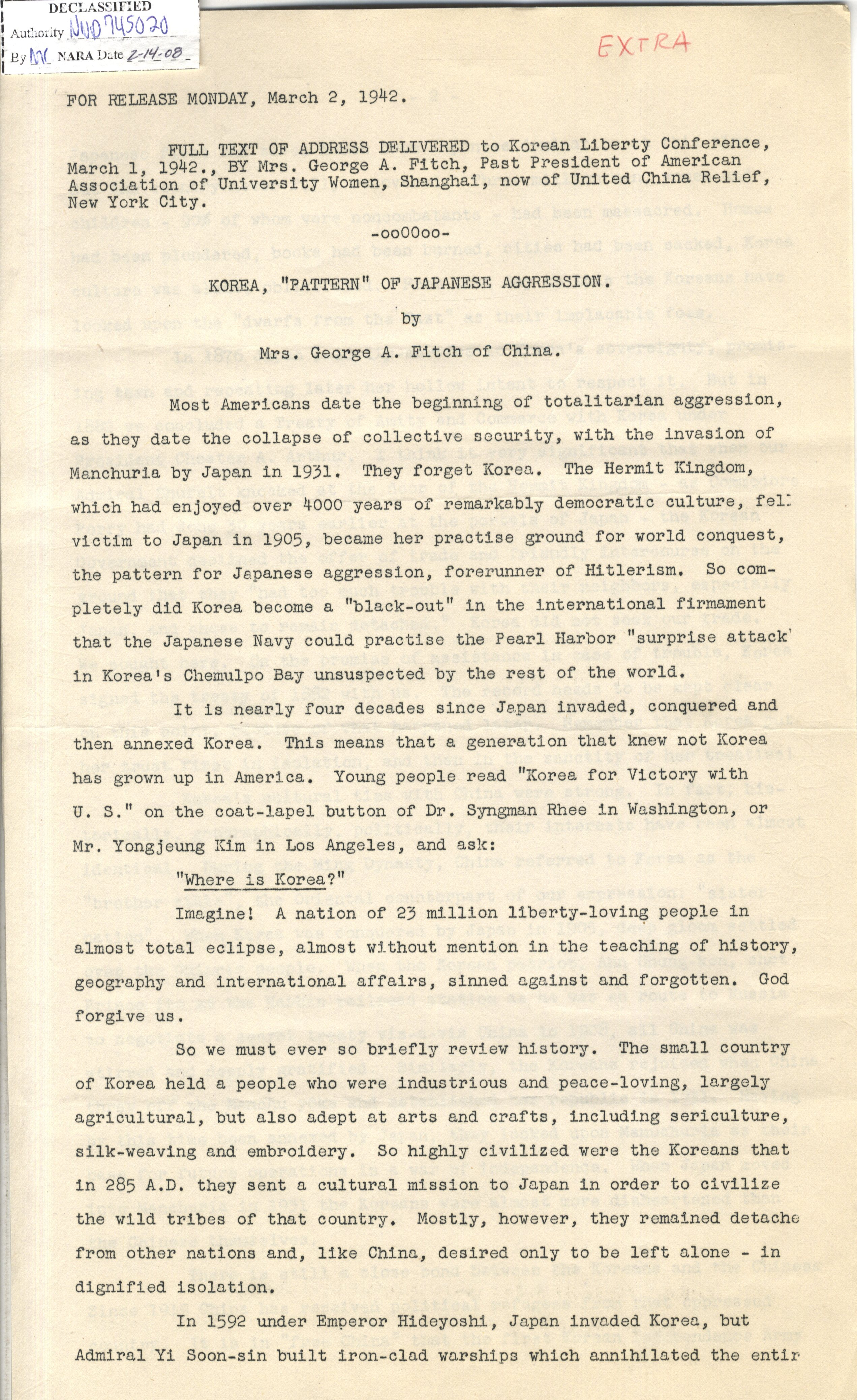 자대학 협회 회장이며 현 뉴욕 시 중국 연합 구호회 회장인 조지 A. 피치(George A. Fitch) 여사가 1942년 3월 1일 한인자유대회에서 진술한 연설 전문