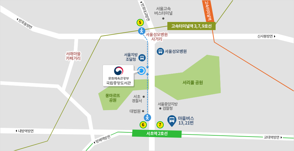 국립중앙도서관 약도: 2호선 서초역 6번 출구에서 도보 10분. 오시는 길에 대법원, 서초경찰서가 있습니다. 3,7,9호선 고속터미널역 5번 출구에서 도보 10분. 오시는 길에 서울지방조달청이 있습니다.