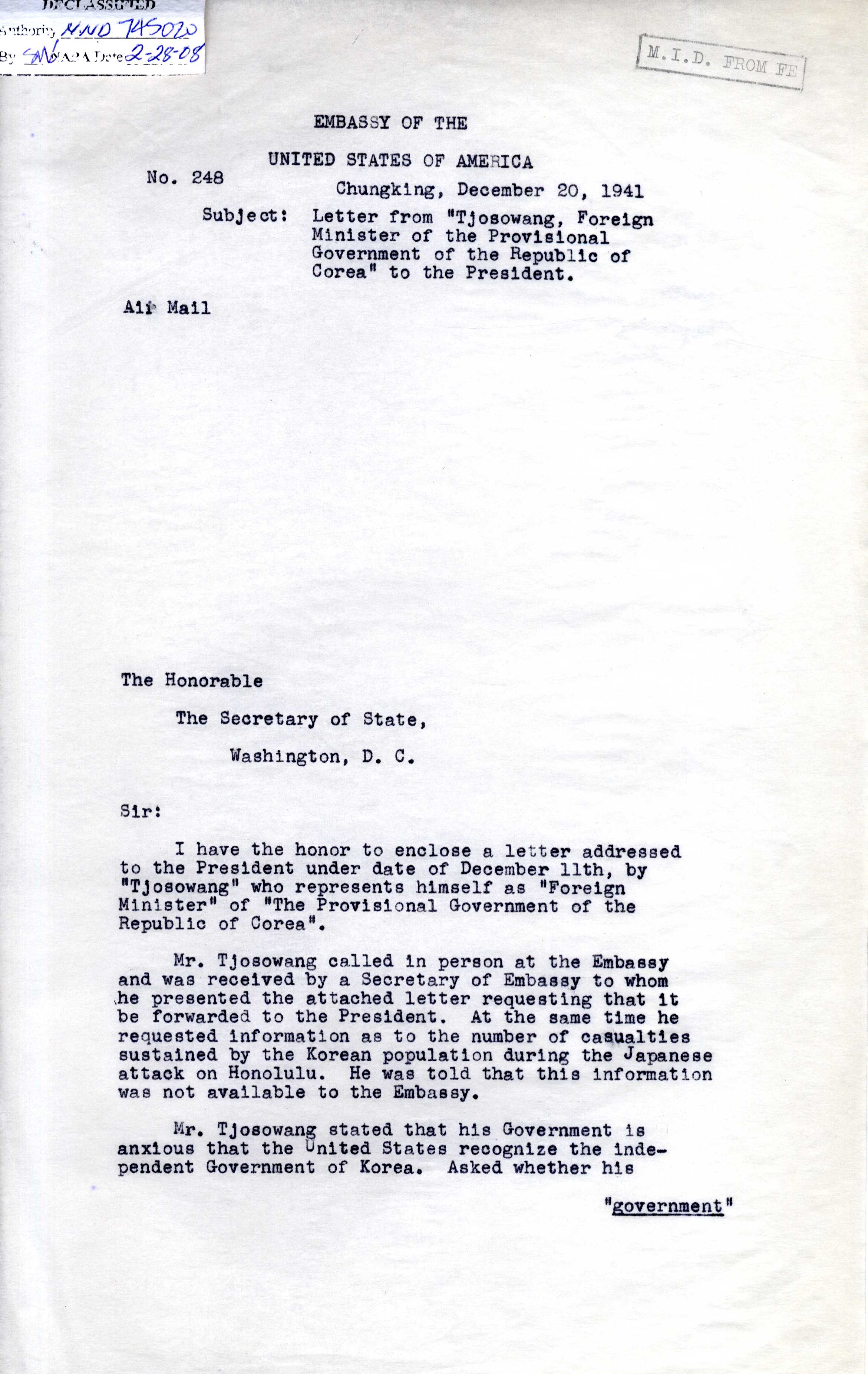 20일 주중 대사 고스가 미 국무장관에게 보낸 보고, 대한민국임시정부 외무부장 조소앙이 루즈벨트 대통령에게 보낸 서한