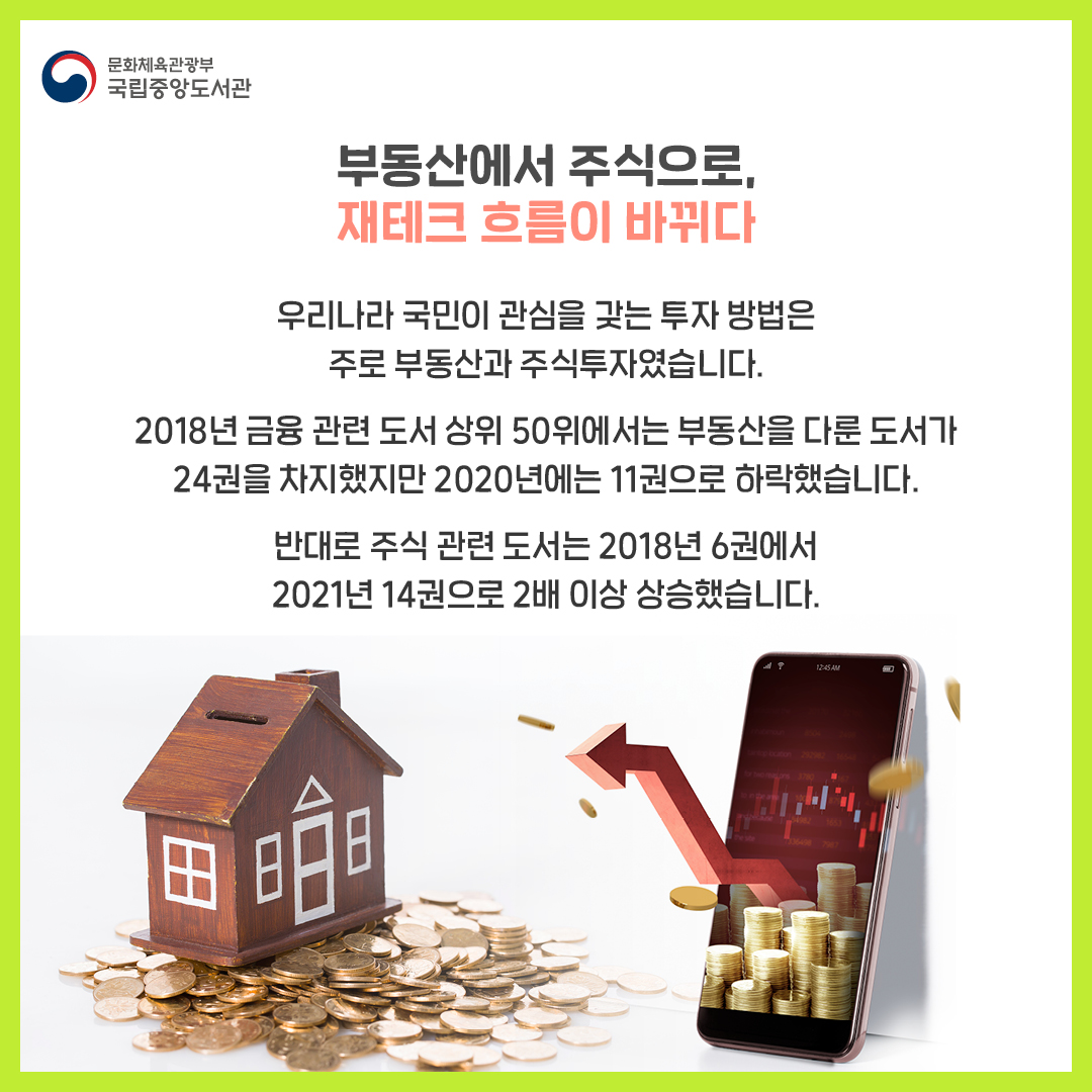 부동산에서 주식으로, 재테크 흐름이 바뀌다

우리나라 국민이 관심을 갖는 투자 방법은 주로 부동산과 주식투자였습니다. 2018년 금융 관련 도서 상위 50위에서는 부동산을 다룬 도서가 24권을 차지했지만 2020년에는 11권으로 하락했습니다. 반대로 주식 관련 도서는 2018년 6권에서 2021년 14권으로 2배 이상 상승했습니다.