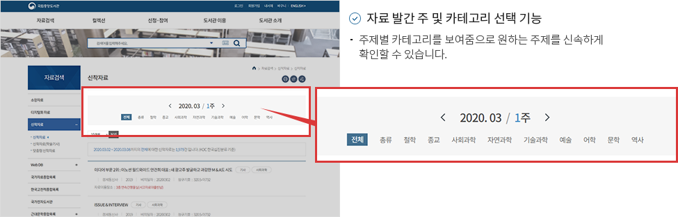 자료발간 주 및 카테고리 선택 기능 1.주제별 카테고리를 보여줌으로 원하는 주제를 신속하게 확인할 수 있습니다.