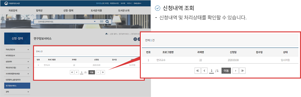 1.신청내역 조회 -신청내역 및 처리상태를 확인할 수 있습니다.
