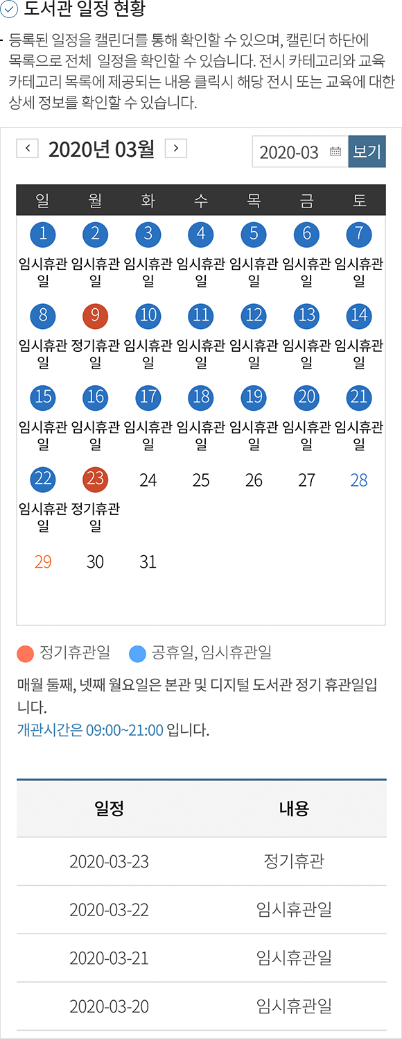 1.도서관 일정 현황 -등록된 일정을 캘린더에 통해 확인할 수 있으며, 캘린더 하단에 목록으로 전체 일정을 확인할 수 있습니다. 전시카테고리와 교육 카테고리 목록에 제공되는 내용 클릭시 해당 전시 또는 교육에 대한 상세 정보를 확인할 수 있습니다.