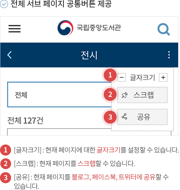 1.전체 서브 페이지 공통버튼 제공 글자크기,스크랩,공유버튼