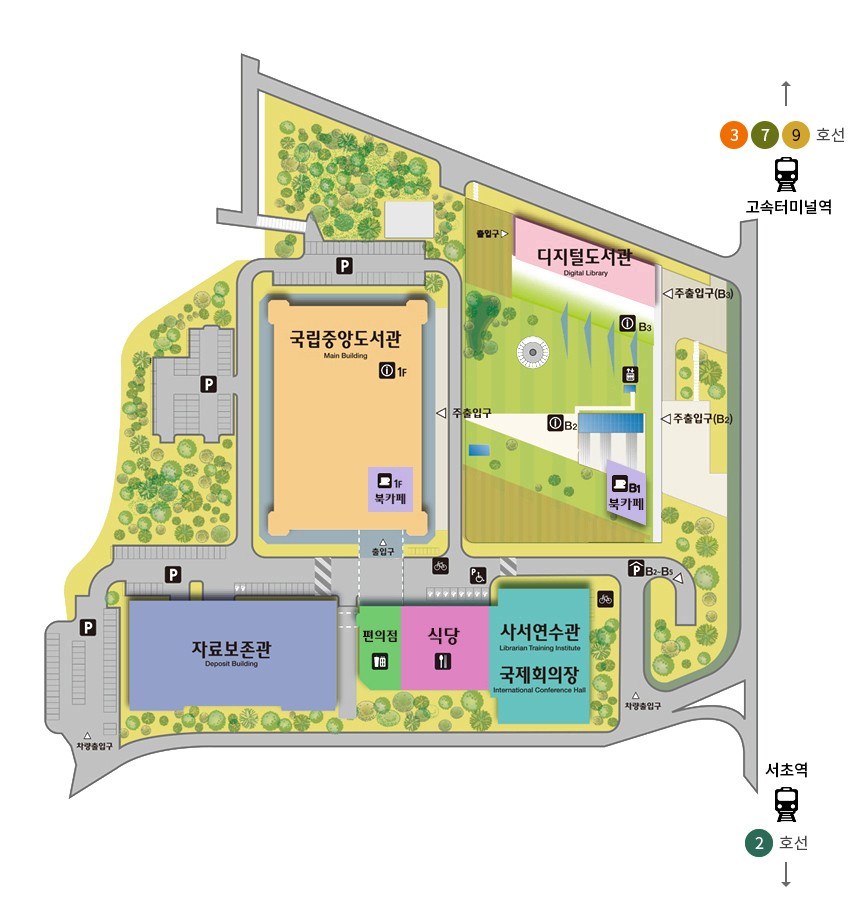 국립중앙도서관 건물 안내도 – 국립중앙도서관(건물내 북카페 있음), 디지털도서관, 북카페, 사서연수관/국제회의장, 식당, 편의점, 자료보존관이 있으며 2호선 서초역과 3, 7, 9호선 고속터미널역을 이용합니다. 